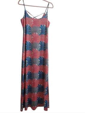 Spaghetti Maxi Dress Fan Leaves White Peach Pink Blue Mint SZ Large